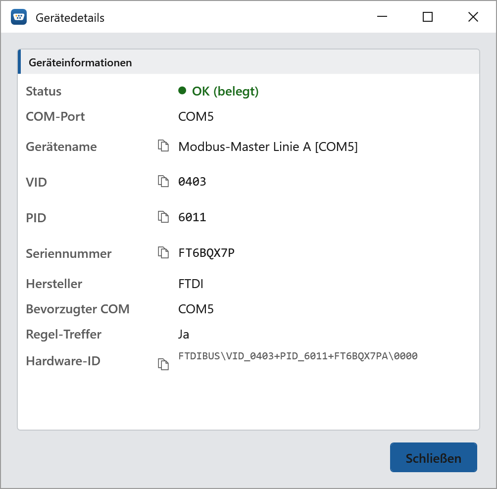 ComPortBinder Gerätedetails mit Status, VID/PID, Seriennummer und Hardware-ID