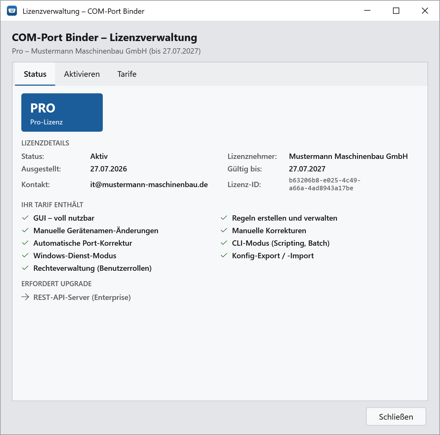 ComPortBinder Lizenzverwaltung mit Tarif-Status, Lizenzdetails und Funktionsumfang
