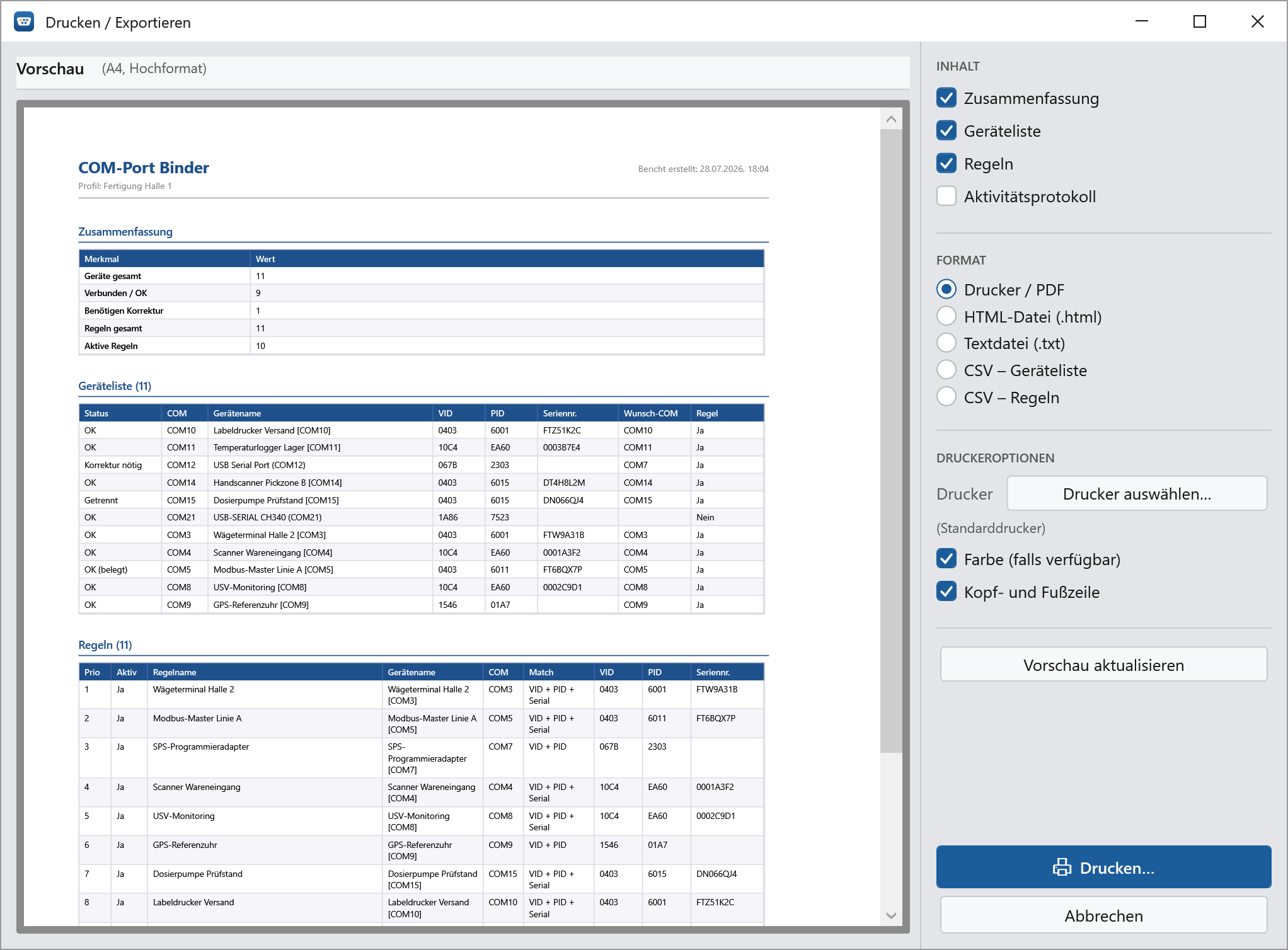 ComPortBinder Drucken/Exportieren: A4-Berichtsvorschau mit Geräteliste und Regeln, Export als PDF, HTML, TXT oder CSV