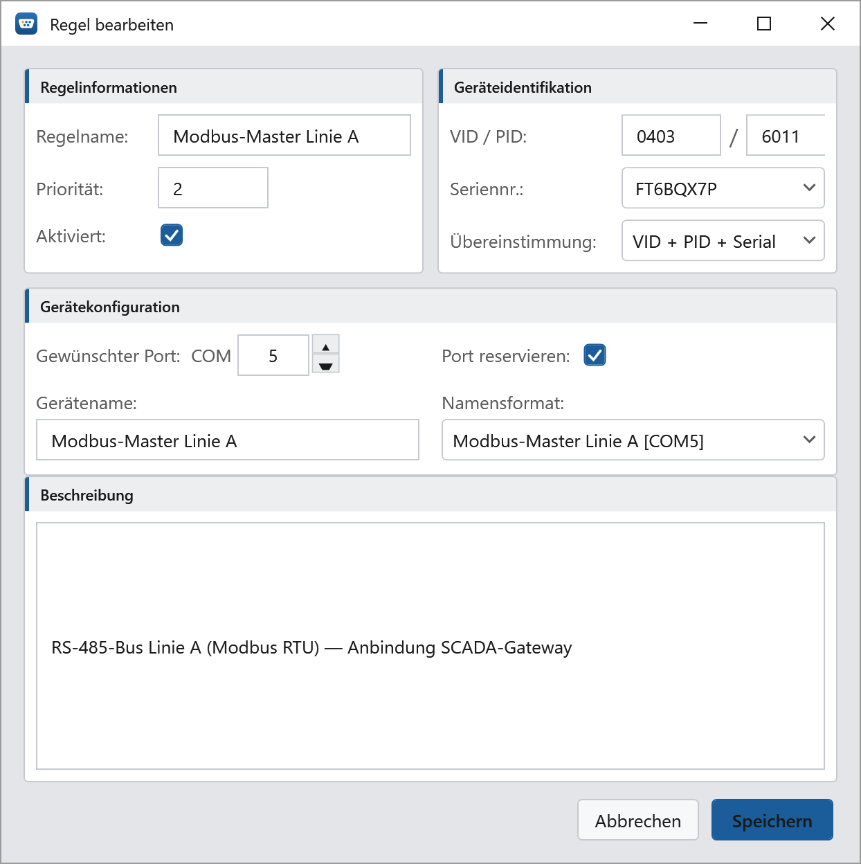 ComPortBinder Regel-Editor mit Geräteidentifikation, Übereinstimmungs-Modus und Ziel-Port